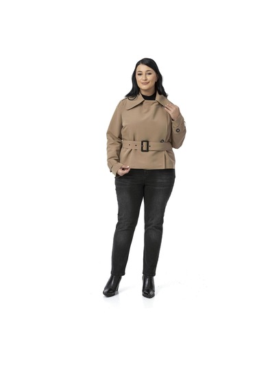 Büyük Beden Mono Yaka Kemerli Astarlı Kısa Vizon Trençkot Vizon