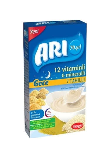 Arı 12 Vitaminli 6 Mineralli Sütlü 7 Tahıllı Pirinç Unu Gece 12 x 250 G