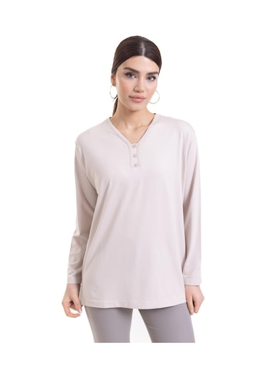 Kadın Orta Yaş ve Üzeri Dört Mevsim V Yaka Rahat Kalıp Likralı Viskoz Anne Penye Bluz 140-Krem Rengi Krem