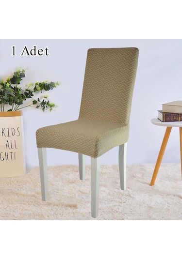StarMall Tuğla Desen Likrali Jakarlı Kümaş Sandalye Örtüsü, Lastikli, Esnekli Sandalye Kılıfı 1 Adet Bej