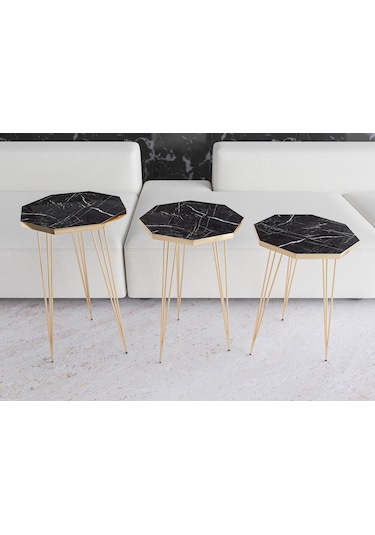 Zigon Sehpa 3'lü Sekizgen Takım Altın Tel Ayaklı Siyah Mermer-Gold