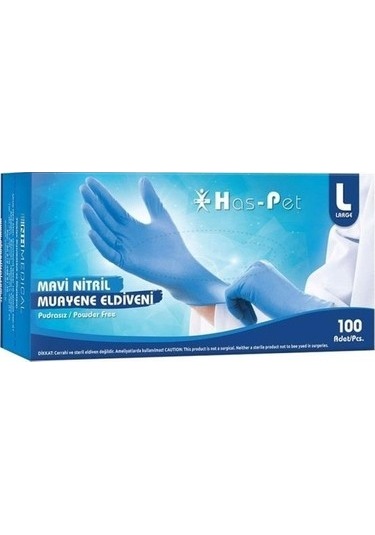 HAS-PET MAVİ NİTRİL ELDİVEN M BEDEN 100 PAKET 20 KOLİ 2000 ADET