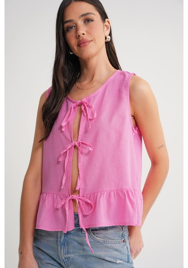 4717 Kadın Önü Bağcıklı Fırfırlı Kolsuz Keten Bluz Pembe Pembe