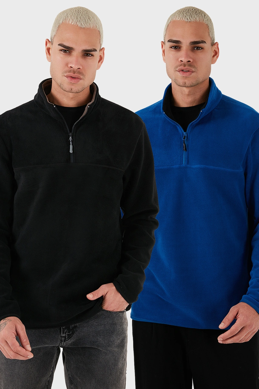 Buratti Regular Fit Anti-Pilling Tüylenme Yapmayan Dik Yaka Şardonlu 2'Li Paket Erkek Polar 5896700S2 Saks-Siyah