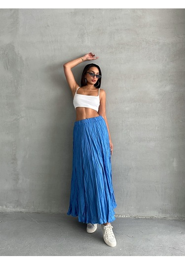Kadın Buruşuk Modal Dokulu Soft Uzun Etek Mavi