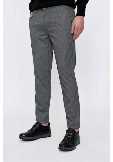 MORVEN  Erkek Gri Poliviskon Desenli Slim Fit Pantolon