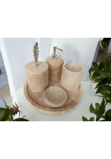 Sarı Traverten Klasik Model 5 Parça Gümüş Renk Kuş Tüyü Aksesuarlı Banyo Seti Sarı Traverten