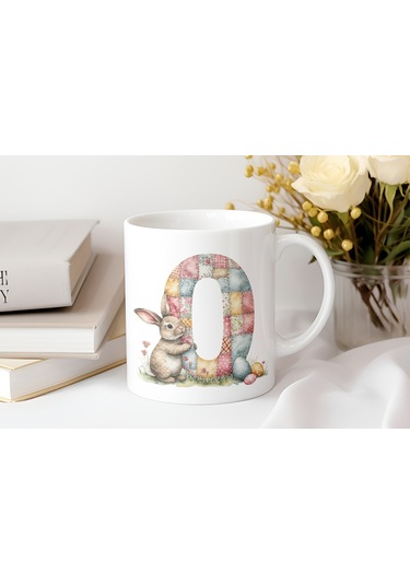 O Harfli Tavşan Kupa - Patchwork / Yamalı Desenli İsme Özel Kupa - Pastel Vintage Tarz Hediyelik Beyaz