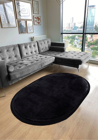 Vl Comfort Puffy Ponpon Saçak Peluş Yıkanabilir Siyah Yolluk Düz Saçak Oval