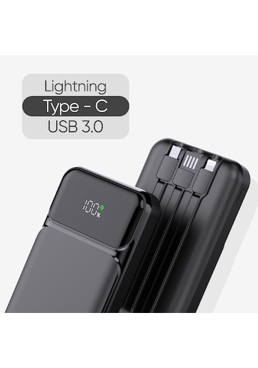 Snp-3006 10.000 Mah Hızlı Şarj Led Göstergeli Powerbank 3in1 Dahili Kablolu Powerbank Çoklu Giriş Siyah