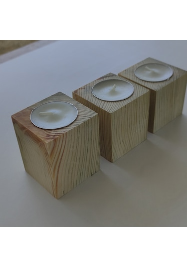 Doğal Ahşap Küp Mumluk 5 X 5 Cm 3 Lü Set Mum Dahil