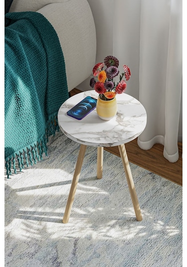 İntergo Yuvarlak Ahşap Ayaklı Tekli Zigon Yan Sehpa Beyaz Mermer