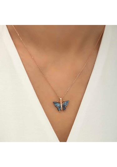 Gümüş Antrasit Kaplangözü Taşlı Kelebek Kolye (523461840)