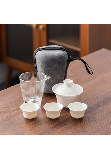 Neevoyu Taşınabilir Mersin Çini Çay Seti - Gaiwan Bardaklı Konforlu Seyahat Çay Zevki Beyaz