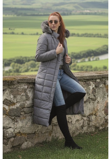 Günlük Kışlık Tam Boy Şişme Kadın Tesettür Mont Gri