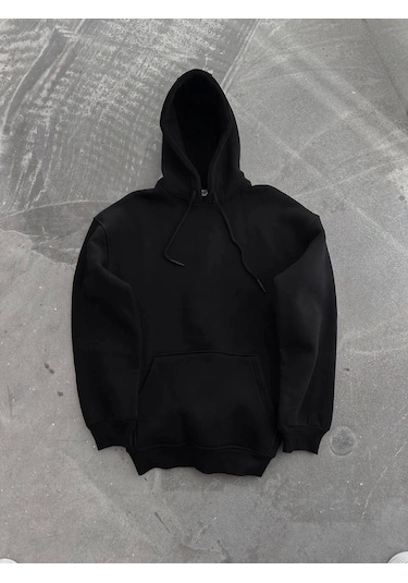 Kapşonlu Üç İplik Penye Basic Sweatshirt - Siyah Siyah