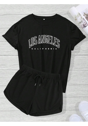 Harmandar Kadın Los Angeles Baskılı T-shirt Şort Takım Siyah-siyah