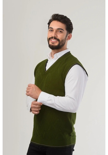 Kamalı Haki Erkek V Yaka Triko Örgü Tüylenmez Süveter Regular Fit Saç Örgü Desenli Haki