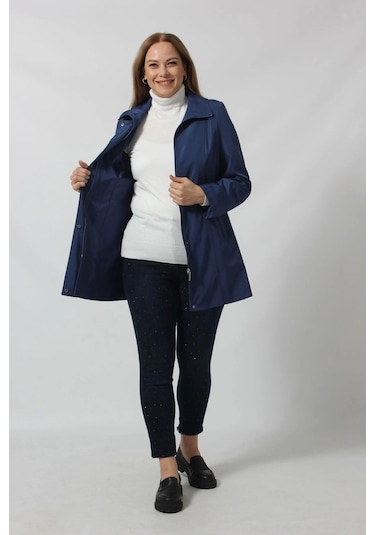 1616 Fermuarlı Cep Detaylı Kapuşonlu Bondit Ceket Sax Saks Mavi