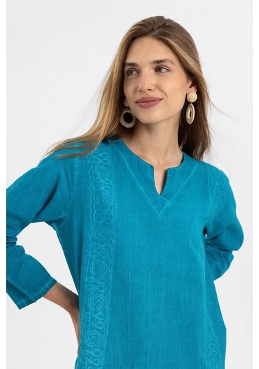 Turkuaz İşlemeli Uzun Kollu Astarsız Pamuklu Uzun Elbise-turkuaz Turkuaz