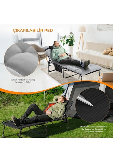 Kingcamp Hamburg Cool Plus 5 Kademeli Katlanır Şilteli Şezlong Black & Grey Siyah