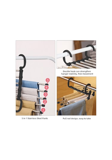 Hangfox Stainless Çelik Kaydırmalı Pantolon Asıcı, 5 Katlı Genişletilebilir, Kayma Engellli, Dolap Taşınması Kolay, Siyah 2 Adet Siyah