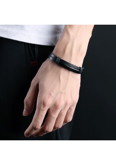 Ehediye Chavin Parlak Siyah Çelik Ve Deri Çelik Erkek Bileklik Dy76Sy Siyah