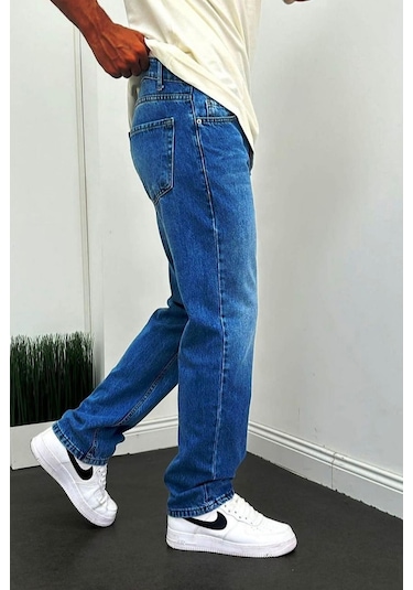 Baggy Rahat Kalıp Lacivert Taşlamalı Kot Pantolon-Erkek Lacivert