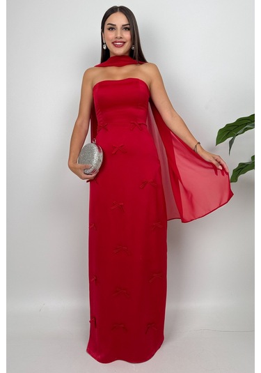 Lilina Straplez Fiyonk Detaylı Şal Aksesuarlı Uzun Kırmızı Abiye Elbise Kırmızı
