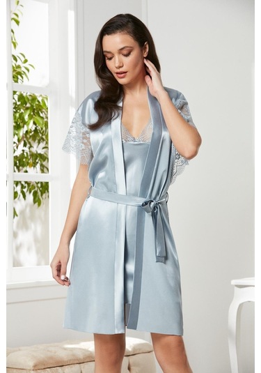 Pierre Cardin Mist Saten Dantelli Gecelik Sabahlık Takım 4438 Mist
