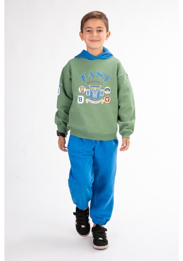 Erkek Çocuk Baskılı Kapşonlu Eşofman Takımı Yeşil