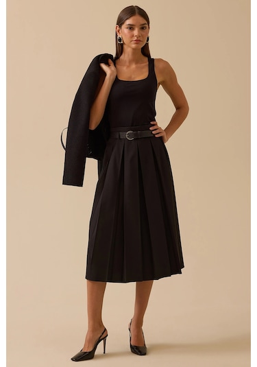 Seçil Kadın Kemerli Pile Detaylı Midi Etek 0003 Siyah Siyah