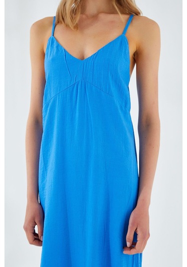 4252 Kadın İp Askılı V Yaka Elbise Saks Mavi Saks Mavi