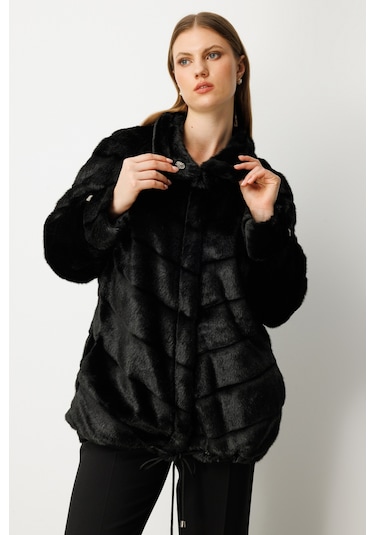 Ekol Kadın Büyük Beden Metal Aksesuarlı Peluş Kaban 6305 Siyah Siyah