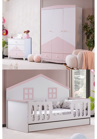 Bello Çocuk Odası Takımı, Bello Yavrulu Karyola, Fethiye 3 Kapaklı Dolap, Şifonyer - Pembe Renkli Bello Çocuk Odası Takımı, Bello Yavrulu Karyola, Fethiye 3 Kapaklı Dolap, Şifonyer - Pembe Renkli