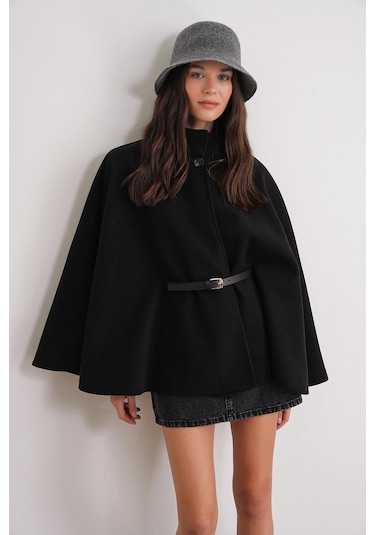 4768 Kadın Kemerli Panço Premium Kaşe Ceket Siyah Siyah