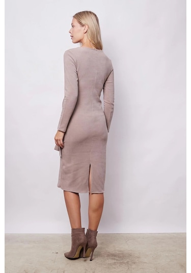 Kadın Hafif Likralı Triko Kruvaze Anvelop Bağcıklı Uzun Kol Diz Altı Uzun Elbise-bej Bej