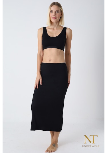 Nt Underwear Bambu Uzun Etek Astarı, Maxi Jupon Doğal Kumaş, Modern Kalıp. Siyah