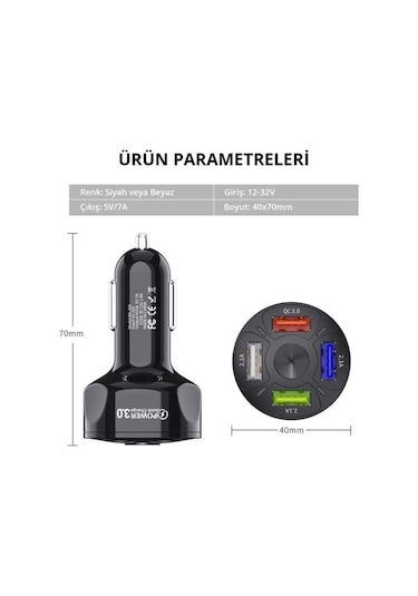 Zuidid Araç Hızlı Şarj 4 Usb 7 A Çoklu Hızlı Şarj Adaptörü