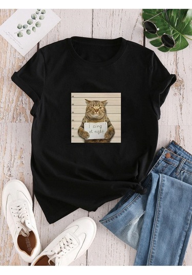 Kadın Siyah Oversize Kedi Baskılı T-shirt Siyah-66592