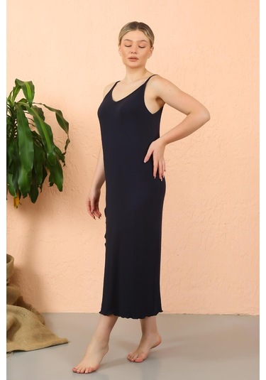 Akbeniz Kadın İp Askılı Yırtmaçlı Uzun Lacivert Gecelik 90119-lacivert Lacivert