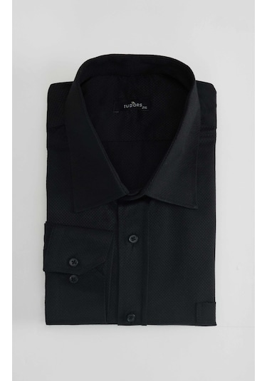 Tudors Büyük Beden Kolay Ütü Kravatlık Armürlü Pamuklu Erkek Gömlek-31398-siyah Siyah