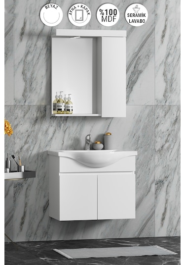 Yıldız Asma 55 Cm Beyaz Mdf Lavabolu Asma Banyo Dolabı Takımı Beyaz