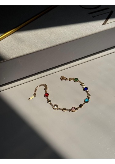 Renkli Taş Detaylı Altın Kaplama Bileklik Zarif Kadın Takı Çok Renkli