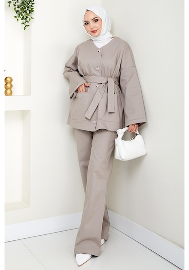 Kemerli Ceket Pantolon Gabardin Takım 1557 - Taş Taş