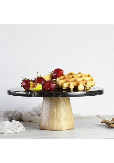 Akayev Mermer 25 Cm Konik Ahşap Ayaklı Siyah Yuvarlak Sunum Tabağ