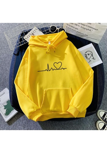 Sarı 2023 Moda Sonbahar/kış Yeni Peluş Baskı Gevşek Kapşonlu Sarı