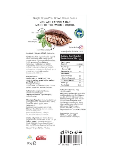Organik Sütlü Çikolata Fındıklı 85gr