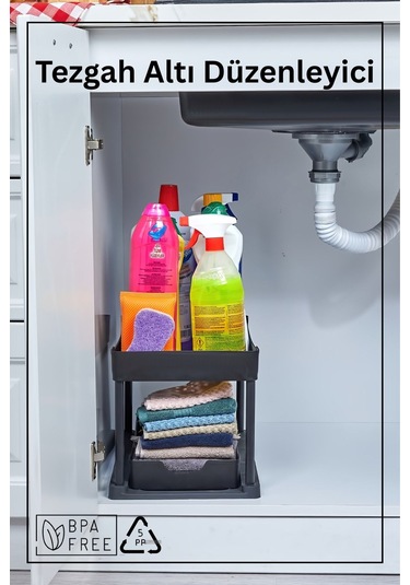 2 Katlı Çok Amaçlı Tezgah Altı Düzenleyici - Siyah Siyah
