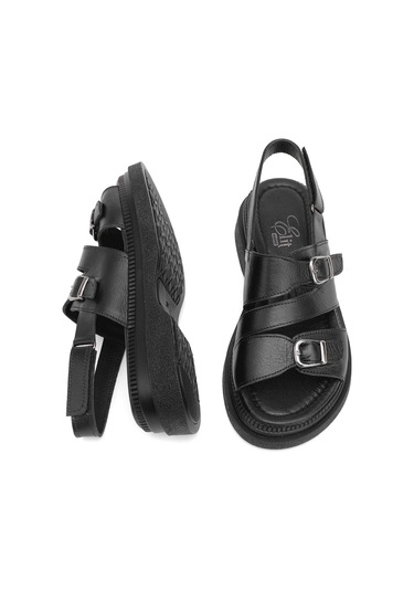 Elit Vesta Kadın Hakiki Deri Düz Sandalet Siyah Siyah